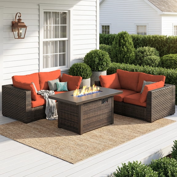 Gaildon 5 Piece Patio Furniture Set with Fire Pit Table, All Weather Outdoor Sectional PE Rattan, Patio Conversation Sets with Cushions and Glass Coffee Table for Garden Lawn Balcony Porch Deck, Red