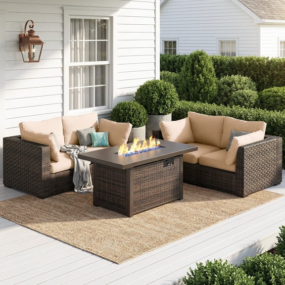 Gaildon 5 Piece Patio Furniture Set with Fire Pit Table, All Weather Outdoor Sectional PE Rattan, Patio Conversation Sets with Cushions and Glass Coffee Table for Garden Lawn Balcony Porch Deck,Beige