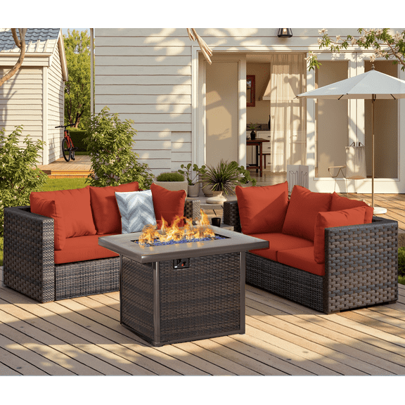 Gaildon 5 Piece Patio Furniture Set with Fire Pit Table, All Weather Outdoor Sectional PE Rattan, Patio Conversation Sets with Cushions and Glass Coffee Table for Garden Lawn Balcony Porch Deck, Red