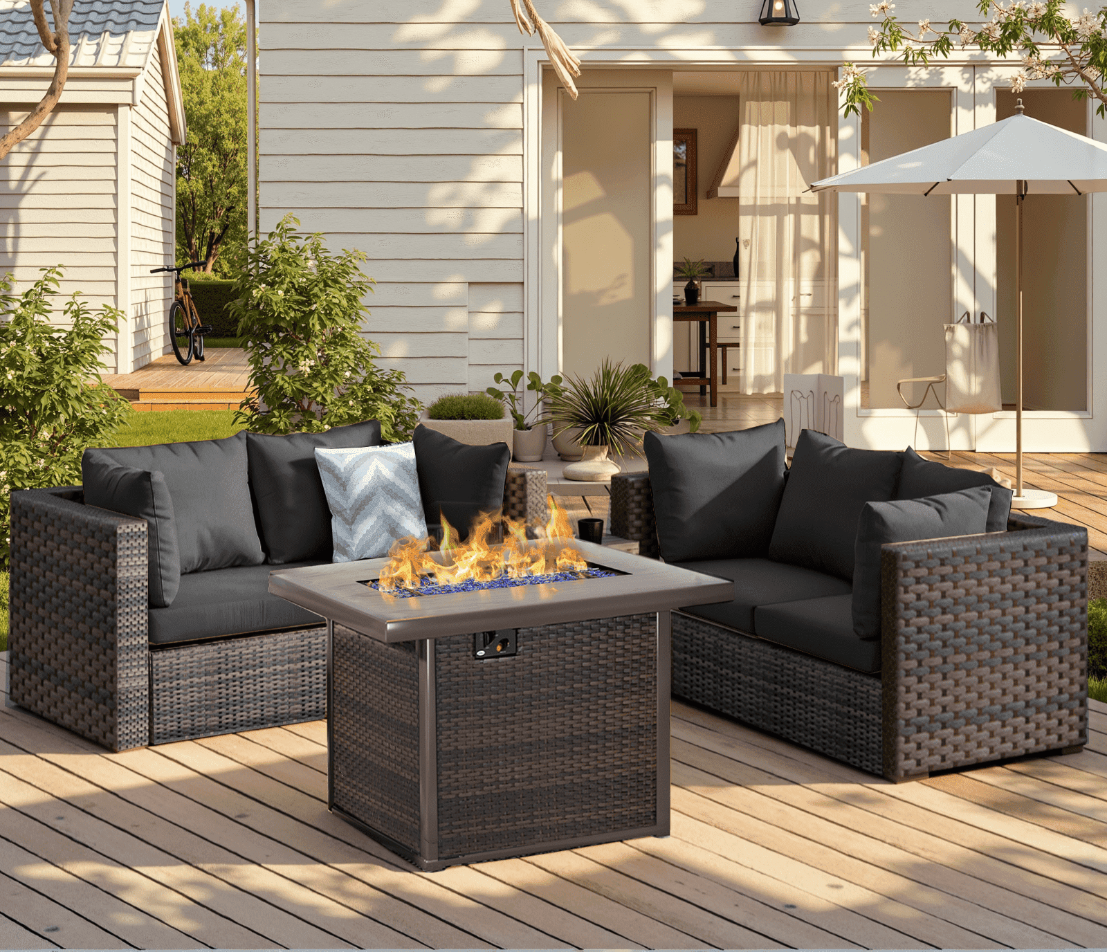 Gaildon 5 Piece Patio Furniture Set with Fire Pit Table, All Weather Outdoor Sectional PE Rattan, Patio Conversation Sets with Cushions and Glass Coffee Table for Garden Lawn Balcony Porch Deck,Black
