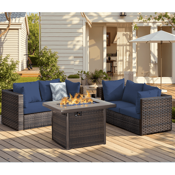 Gaildon 5 Piece Patio Furniture Set with Fire Pit Table, All Weather Outdoor Sectional PE Rattan, Patio Conversation Sets with Cushions and Glass Coffee Table for Garden Lawn Balcony Porch Deck,Blue