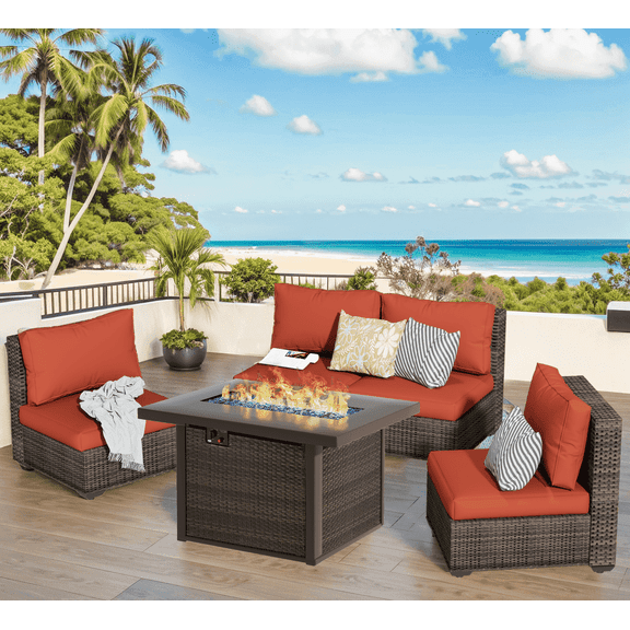 Gaildon 5 Piece Patio Furniture Set with Fire Pit Table, All Weather Outdoor Sectional PE Rattan, Red Patio Conversation Sets with Cushions for Garden Lawn Balcony Porch Deck