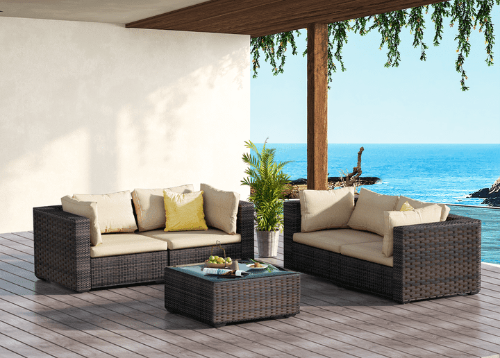 Gaildon 5 Piece Patio Furniture Set with Glass Table, All Weather Outdoor Sectional PE Rattan, Patio Conversation Sets with Cushions for Garden Lawn Balcony Porch Deck, Beige