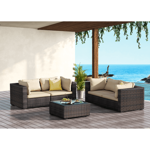 Gaildon 5 Piece Patio Furniture Set with Glass Table, All Weather Outdoor Sectional PE Rattan, Patio Conversation Sets with Cushions for Garden Lawn Balcony Porch Deck, Beige