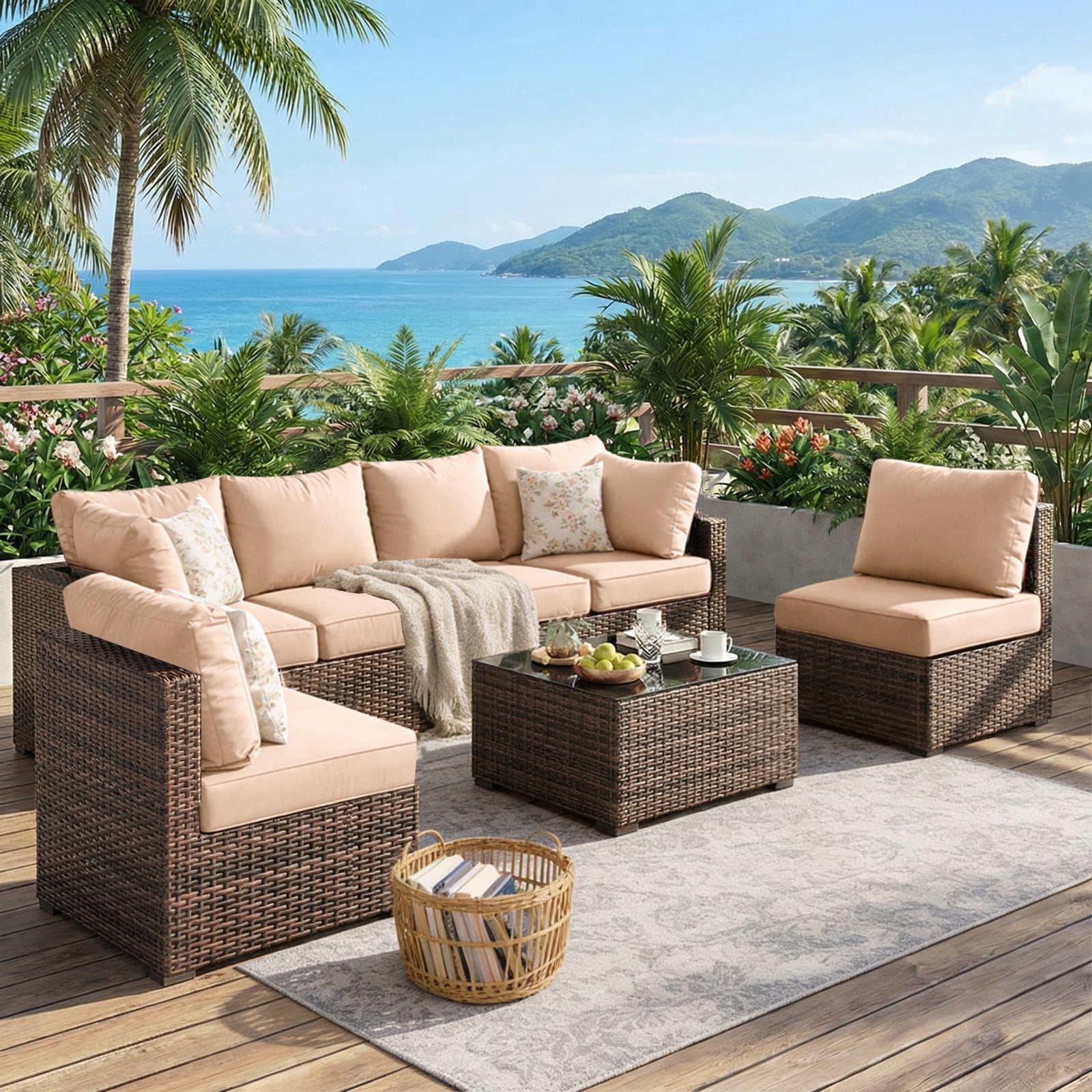 Gaildon 7 Patio Outdoor Furniture Wicker Sectional Sofa Couch Lawn Sectional Black Glass Table, Beige