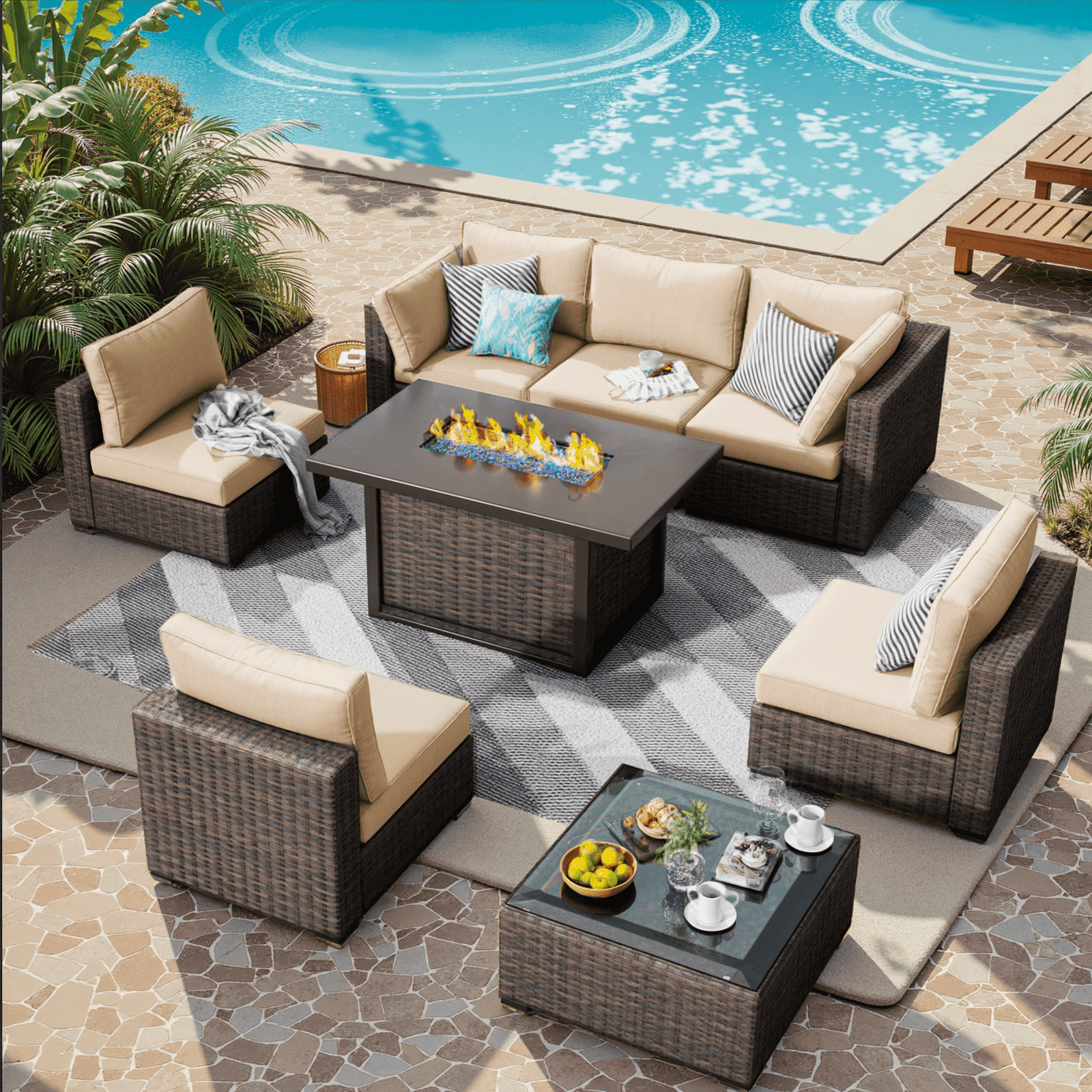 Gaildon 8 Piece Patio Furniture Set with Fire Pit Table, All Weather Outdoor Sectional PE Rattan, Patio Conversation Sets with Cushions for Garden Lawn Balcony Porch Deck, Beige