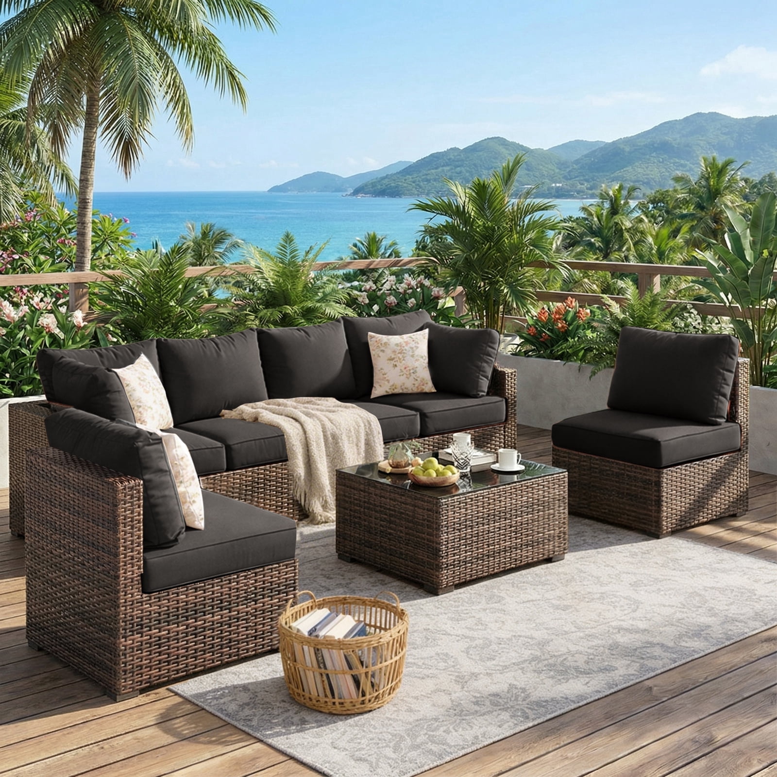 Gaildon 7 Patio Outdoor Furniture Wicker Sectional Sofa Couch Lawn Sectional Black Glass Table, Black