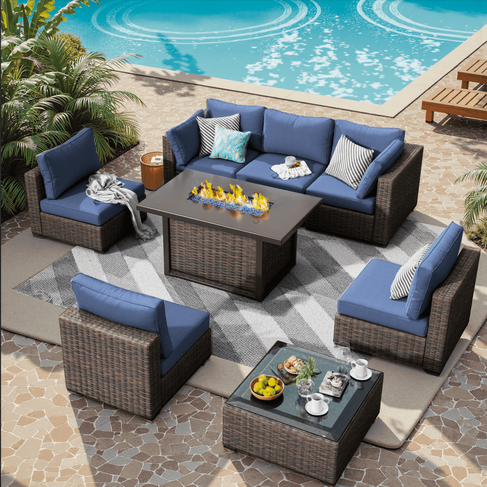 Gaildon 8 Piece Patio Furniture Set with Fire Pit Table, All Weather Outdoor Sectional PE Rattan, Patio Conversation Sets with Cushions for Garden Lawn Balcony Porch Deck, Blue