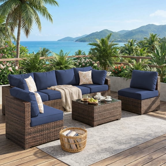 Gaildon 7 Patio Outdoor Furniture Wicker Sectional Sofa Couch Lawn Sectional Black Glass Table, Blue