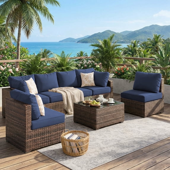 Gaildon 7 Patio Outdoor Furniture Wicker Sectional Sofa Couch Lawn Sectional Black Glass Table, Blue