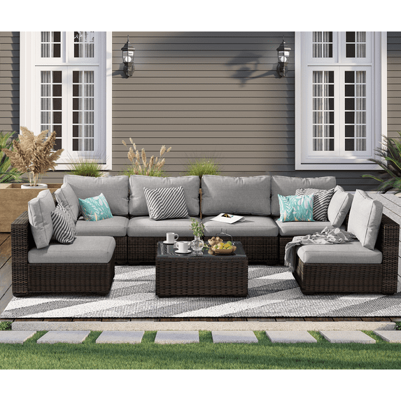 Gaildon 7 Patio Outdoor Furniture Wicker Sectional Sofa Couch Lawn Sectional Black Glass Table, Grey