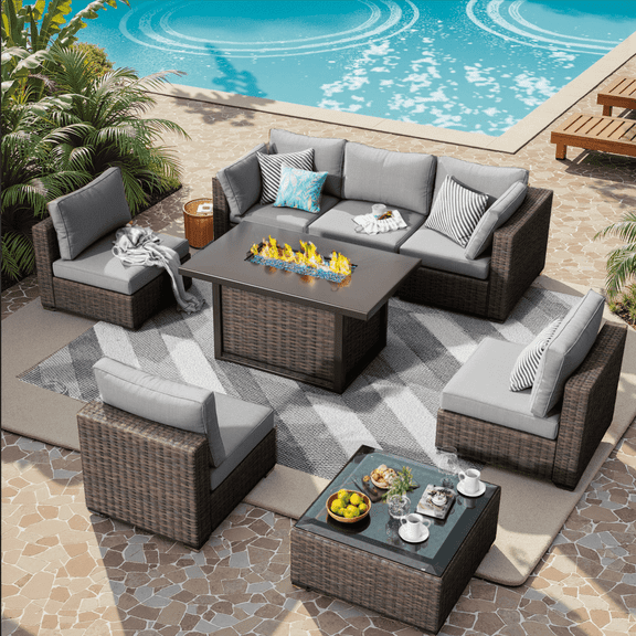 Gaildon 8 Piece Patio Furniture Set with Fire Pit Table, All Weather Outdoor Sectional PE Rattan, Patio Conversation Sets with Cushions for Garden Lawn Balcony Porch Deck, Grey