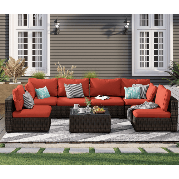 Gaildon 7 Patio Outdoor Furniture Wicker Sectional Sofa Couch Lawn Sectional Black Glass Table, Red