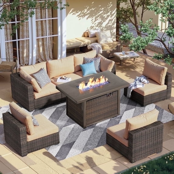 Gaildon 7 Piece Patio Furniture Set with Fire Pit Table, All Weather Outdoor Sectional PE Rattan, Patio Conversation Sets with Cushions for Garden Lawn Balcony Porch Deck, Beige