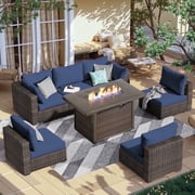 Gaildon 7 Piece Patio Furniture Set with Fire Pit Table, All Weather Outdoor Sectional PE Rattan, Patio Conversation Sets with Cushions for Garden Lawn Balcony Porch Deck, Blue