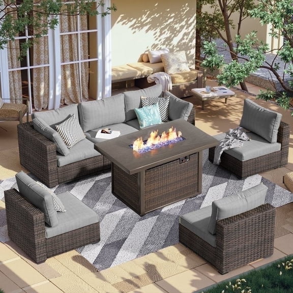 Gaildon 7 Piece Patio Furniture Set with Fire Pit Table, All Weather Outdoor Sectional PE Rattan, Patio Conversation Sets with Cushions for Garden Lawn Balcony Porch Deck, Grey