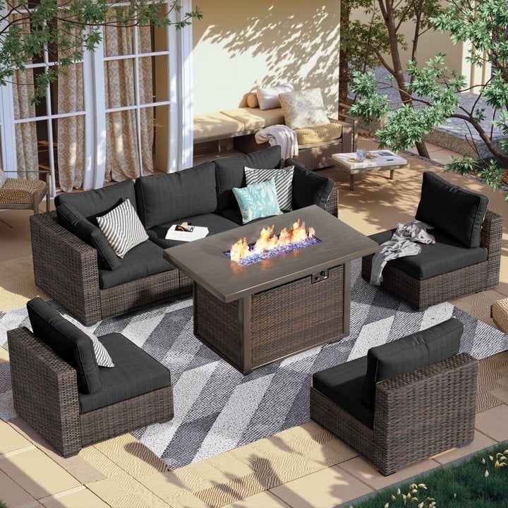 Gaildon 7 Piece Patio Furniture Set with Fire Pit Table, All Weather Outdoor Sectional PE Rattan, Patio Conversation Sets with Cushions for Garden Lawn Balcony Porch Deck, Black