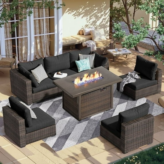 GAILDON 7 Piece Patio Furniture Set with Fire Pit Table, Black PE Rattan Outdoor Sectional with Cushions