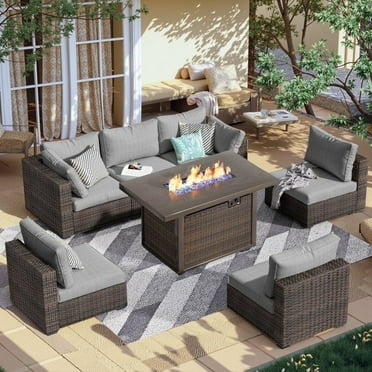 Gaildon 7 Piece Patio Furniture Set with Fire Pit Table, All Weather Outdoor Sectional PE Rattan, Patio Conversation Sets with Cushions for Garden Lawn Balcony Porch Deck, Grey