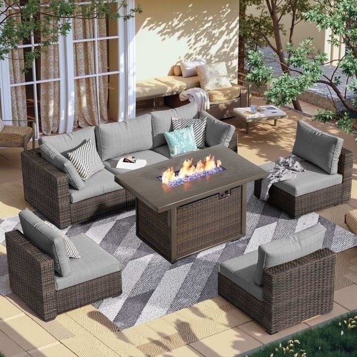 Gaildon 7 Piece Patio Furniture Set with Fire Pit Table, All Weather Outdoor Sectional PE Rattan, Patio Conversation Sets with Cushions for Garden Lawn Balcony Porch Deck, Grey