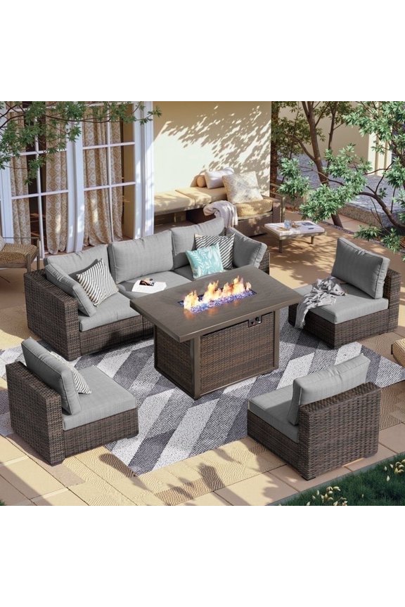 7 Piece Patio Furniture Set with Fire Pit Table, All Weather Outdoor Sectional PE Rattan, Patio Conversation Sets with Cushions for Garden Lawn Balcony Porch Deck, Grey