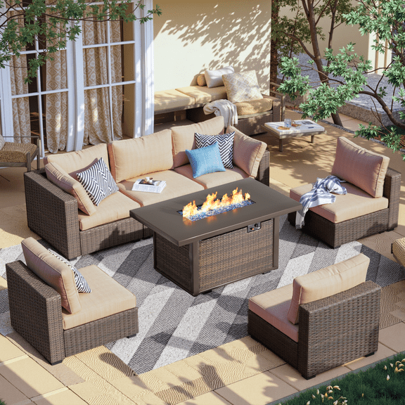 Gaildon 7 Piece Patio Furniture Set with Fire Pit Table, All Weather Outdoor Sectional PE Rattan, Patio Conversation Sets with Cushions for Garden Lawn Balcony Porch Deck, Beige