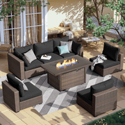 Gaildon 7 Piece Patio Furniture Set with Fire Pit Table, All Weather Outdoor Sectional PE Rattan, Patio Conversation Sets with Cushions for Garden Lawn Balcony 