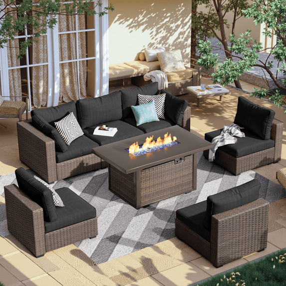 Gaildon 7 Piece Patio Furniture Set with Fire Pit Table, All Weather Outdoor Sectional PE Rattan, Patio Conversation Sets with Cushions for Garden Lawn Balcony Porch Deck, Black