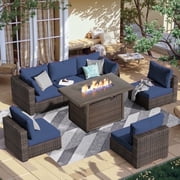 Gaildon 7 Piece Patio Furniture Set with Fire Pit Table, All Weather Outdoor Sectional PE Rattan, Patio Conversation Sets with Cushions for Garden Lawn Balcony Porch Deck, Blue