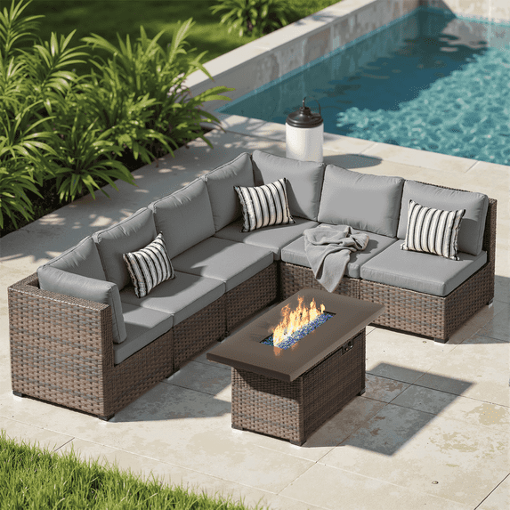 Gaildon 7 Piece Patio Furniture Set with Fire Pit Table, All Weather Outdoor Sectional PE Rattan, Patio Conversation Sets with Cushions and Glass Coffee Table for Garden Lawn Balcony Porch Deck, Grey
