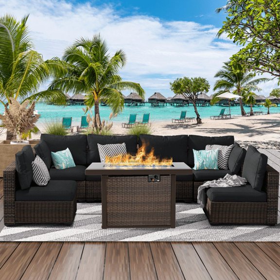 Gaildon 7 Piece Patio Furniture Set with Fire Pit Table, All Weather Outdoor Sectional PE Rattan, Patio Conversation Sets with Cushions and Glass Coffee Table for Garden Lawn Balcony Porch Deck