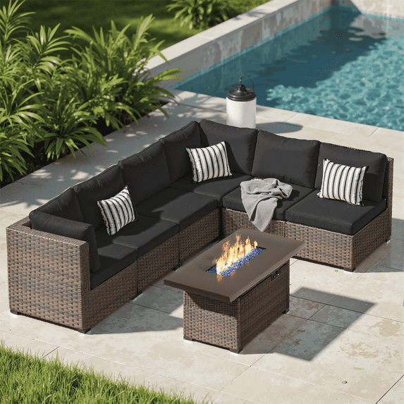 Gaildon 7 Piece Patio Furniture Set with Fire Pit Table, All Weather Outdoor Sectional PE Rattan, Patio Conversation Sets with Cushions and Glass Coffee Table for Garden Lawn Balcony Porch Deck,Black