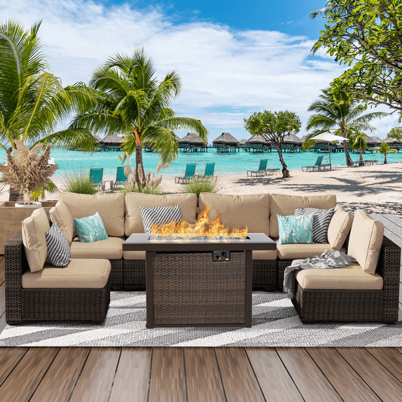 Gaildon 7 Piece Patio Furniture Set with Fire Pit Table, All Weather Outdoor Sectional PE Rattan, Patio Conversation Sets with Cushions and Glass Coffee Table for Garden Lawn Balcony Porch Deck