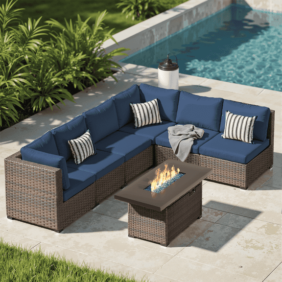 Gaildon 7 Piece Patio Furniture Set with Fire Pit Table, All Weather Outdoor Sectional PE Rattan, Patio Conversation Sets with Cushions and Glass Coffee Table for Garden Lawn Balcony Porch Deck, Blue