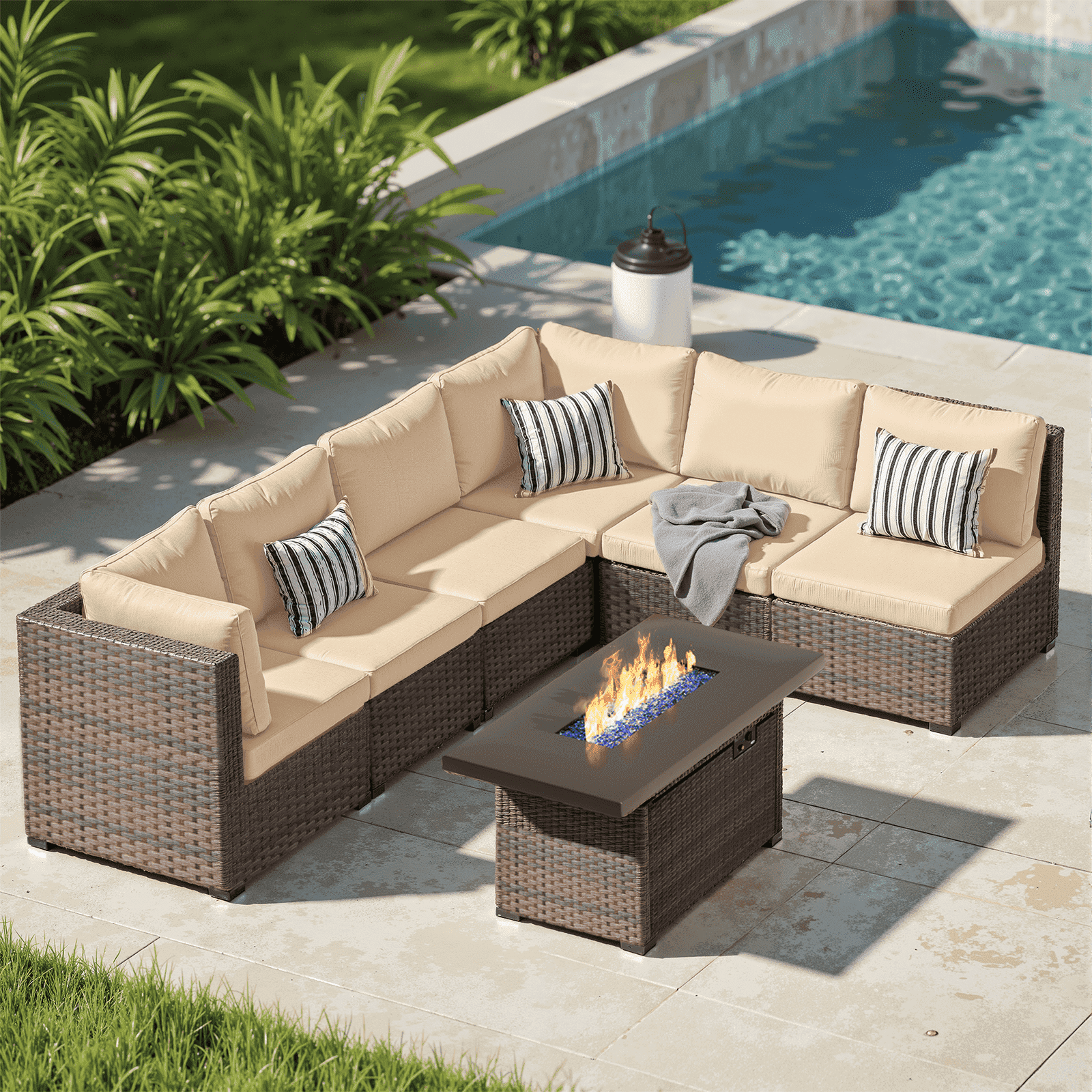Gaildon 7 Piece Patio Furniture Set with Fire Pit Table, All Weather Outdoor Sectional PE Rattan, Patio Conversation Sets with Cushions and Glass Coffee Table for Garden Lawn Balcony Porch Deck,Beige