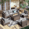 thumbnail image 1 of Gaildon 7 Piece Patio Furniture Set with Fire Pit Table, All Weather Outdoor Sectional PE Rattan, Patio Conversation Sets with Cushions for Garden Lawn Balcony Porch Deck, Grey, 1 of 9