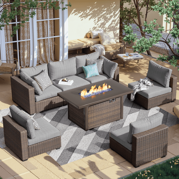 Gaildon 7 Piece Patio Furniture Set with Fire Pit Table, All Weather Outdoor Sectional PE Rattan, Patio Conversation Sets with Cushions for Garden Lawn Balcony Porch Deck, Grey