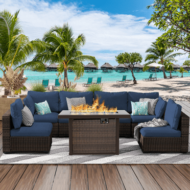 Gaildon 7 Piece Patio Furniture Set with Fire Pit Table, All Weather Outdoor Sectional PE Rattan, Patio Conversation Sets with Cushions and Glass Coffee Table for Garden Lawn Balcony Porch Deck