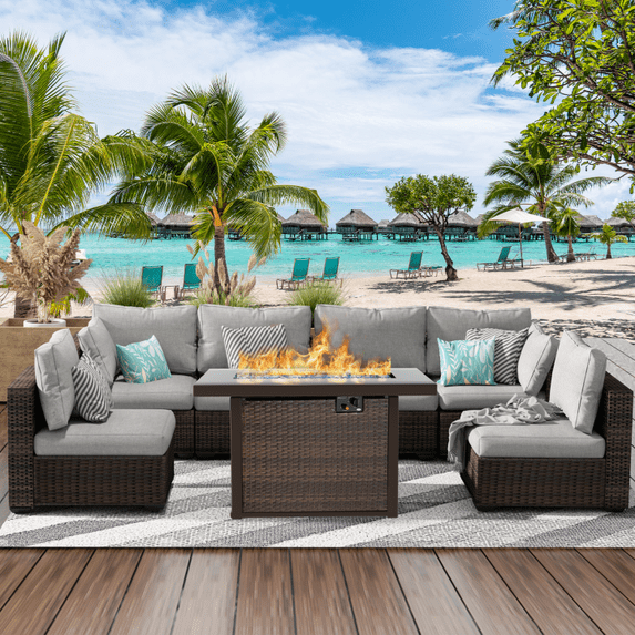 GAILDON 7 Piece Patio Furniture Set, Gray PE Rattan Sectional with Fire Pit Table, Cushions and Glass Coffee Table