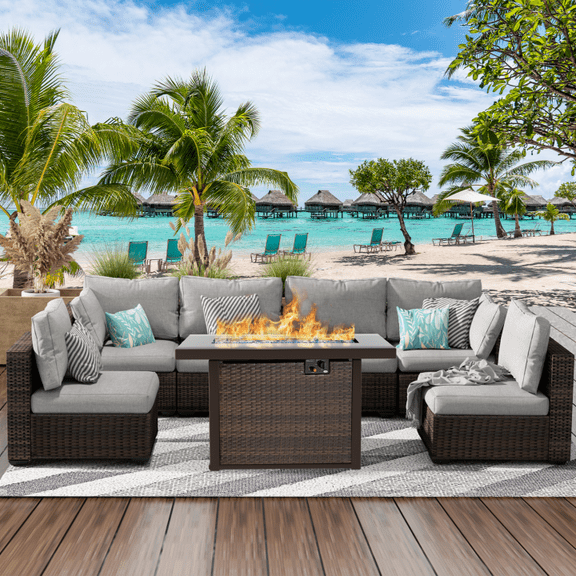 Gaildon 7 Piece Patio Furniture Set with Fire Pit Table, All Weather Outdoor Sectional PE Rattan, Patio Conversation Sets with Cushions and Glass Coffee Table for Garden Lawn Balcony Porch Deck