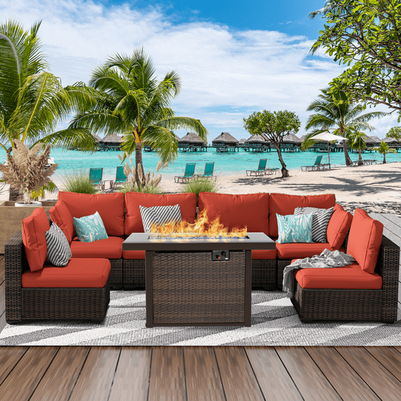 Gaildon 7 Piece Patio Furniture Set with Fire Pit Table, All Weather Outdoor Sectional PE Rattan, Patio Conversation Sets with Cushions and Glass Coffee Table for Garden Lawn Balcony Porch Deck