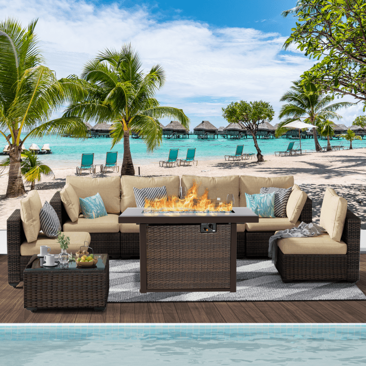Gaildon 8 Piece Patio Furniture Set with Fire Pit Table, All Weather Outdoor Sectional PE Rattan, Patio Conversation Sets with Cushions and Glass Coffee Table for Garden Lawn Balcony Porch Deck
