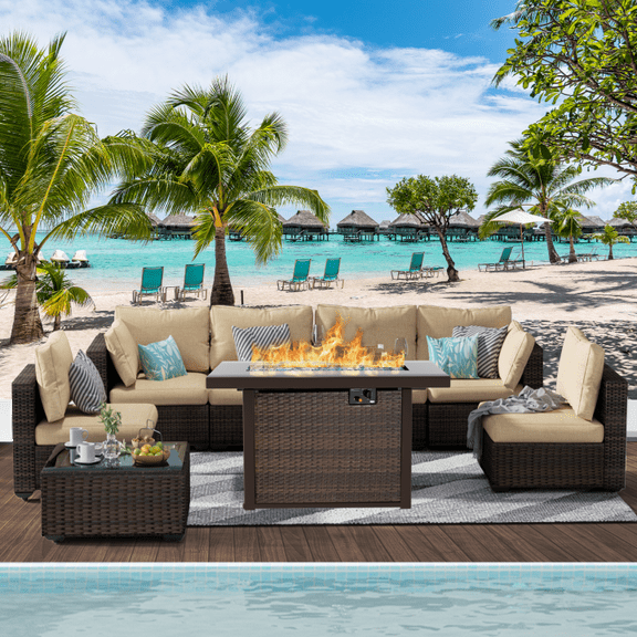 Gaildon 8 Piece Patio Furniture Set with Fire Pit Table, All Weather Outdoor Sectional PE Rattan, Patio Conversation Sets with Cushions and Glass Coffee Table for Garden Lawn Balcony Porch Deck
