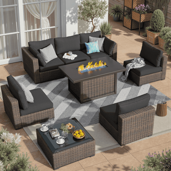 Gaildon 8 Piece Patio Furniture Set with Fire Pit Table, All Weather Outdoor Sectional PE Rattan, Patio Conversation Sets with Cushions and Glass Coffee Table for Garden Lawn Balcony Porch Deck,Black