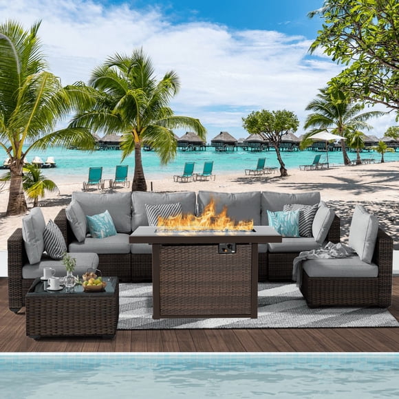Gaildon 8 Piece Patio Furniture Set with Fire Pit Table, All Weather Outdoor Sectional PE Rattan, Patio Conversation Sets with Cushions and Glass Coffee Table for Garden Lawn Balcony Porch Deck