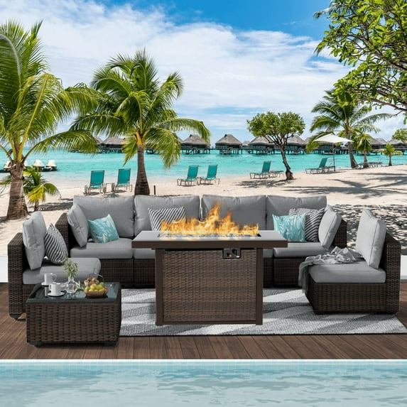 Gaildon 8 Piece Patio Furniture Set with Fire Pit Table, All Weather Outdoor Sectional PE Rattan, Patio Conversation Sets with Cushions and Glass Coffee Table for Garden Lawn Balcony Porch Deck
