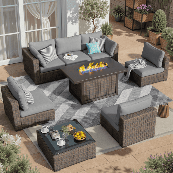 Gaildon 8 Piece Patio Furniture Set with Fire Pit Table, All Weather Outdoor Sectional PE Rattan, Patio Conversation Sets with Cushions and Glass Coffee Table for Garden Lawn Balcony Porch Deck, Grey