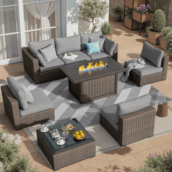 Gaildon 8 Piece Patio Furniture Set with Fire Pit Table, All Weather Outdoor Sectional PE Rattan, Patio Conversation Sets with Cushions and Glass Coffee Table for Garden Lawn Balcony Porch Deck, Grey