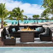 Gaildon 8 Piece Patio Furniture Set with Fire Pit Table, All Weather Outdoor Sectional PE Rattan, Patio Conversation Sets with Cushions and Glass Coffee Table for Garden Lawn Balcony Porch Deck