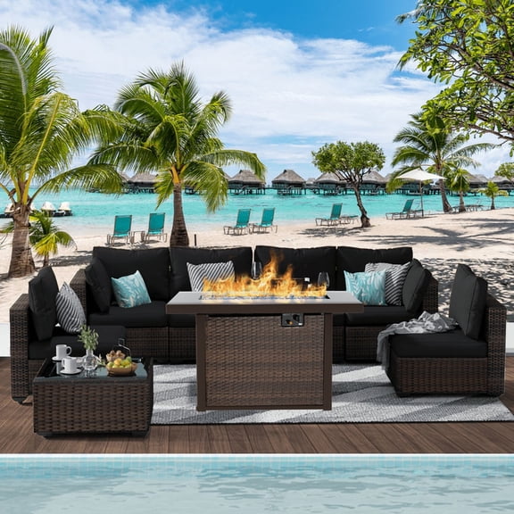 Gaildon 8 Piece Patio Furniture Set with Fire Pit Table, All Weather Outdoor Sectional PE Rattan, Patio Conversation Sets with Cushions and Glass Coffee Table for Garden Lawn Balcony Porch Deck